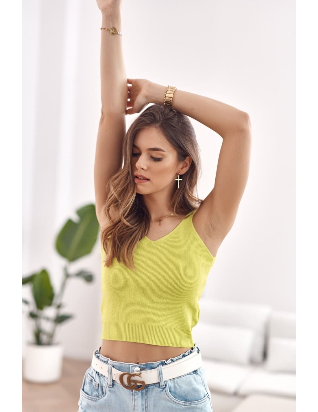 Kurze Strickbluse mit Trägern, Limette MP32858 – Online-Shop – Boutique